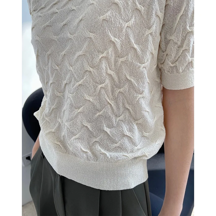 

Summer Korean Version Simple And Fashionable Design Texture Sleeve Short T-Shirt Slim Knit Top