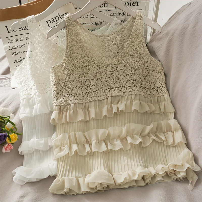 

2021 New Retro Mesh Stitching Hollow out See-through Sleeveless Top Women's Summer Loose Slimming Wooden Ear Vest