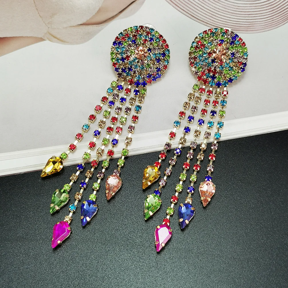 

Colorful Crystal Long Tassel Dangle Drop Earrings Statement Luxury Fashion Jewelry For Women Accessories Bijouterie Bijoux