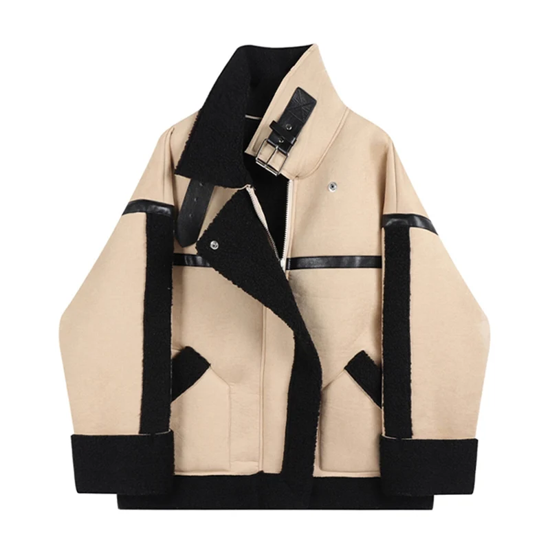 

2022 Winter Fur Jacket Belt Zippers Loose Warm Thickened Lamb Wool Vintage Locomotive Lapel Female Chic PU Motorcycle Coat