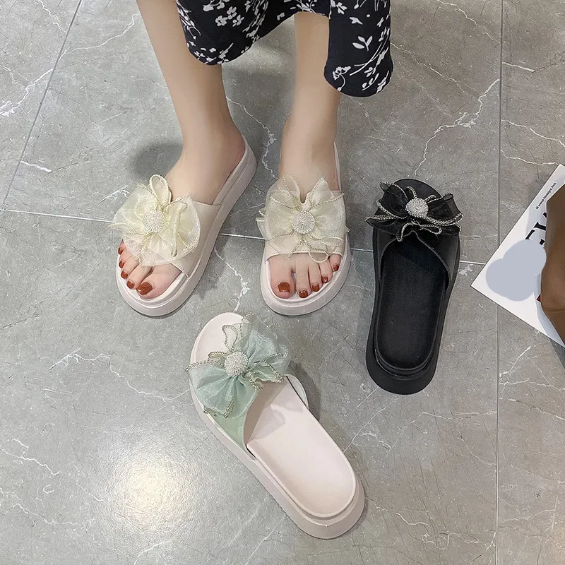 

Female Shoes Ladies' Slippers Platform Butterfly-Knot Luxury Slides Flower Med 2021 Soft Designer Summer Flat PU Butterfly-knot