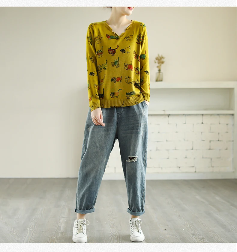 

Cat Printed Kawaii Cartoon Women Pullovers Thin Tops Loose Spring Autumn Long Sleeve Casual Cute Lovely Knit Sweater V Neck Pull