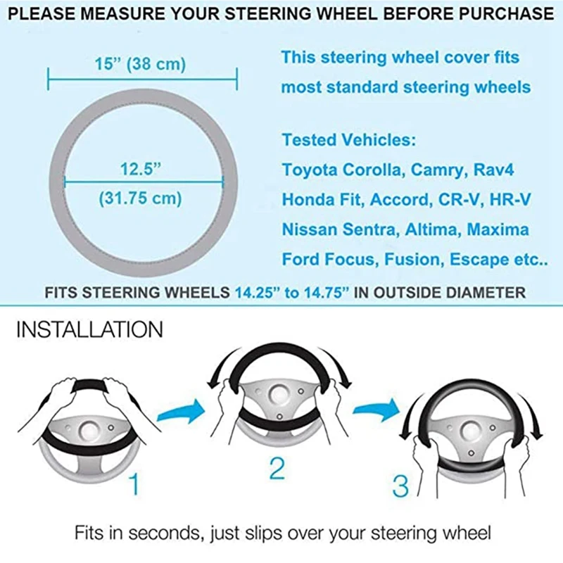 

Fashion Steering Wheel Cover Black Lychee Pattern with Luxury Crystal Rhinestone M Size Fits 38cm