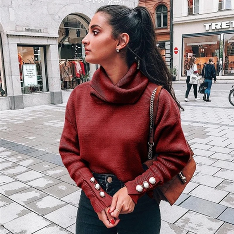 

Fashion Button Turtleneck Sweater Solid Pullovers Casual Style Thin Street Sweater Tops Feminino Vestido Women Sweaters
