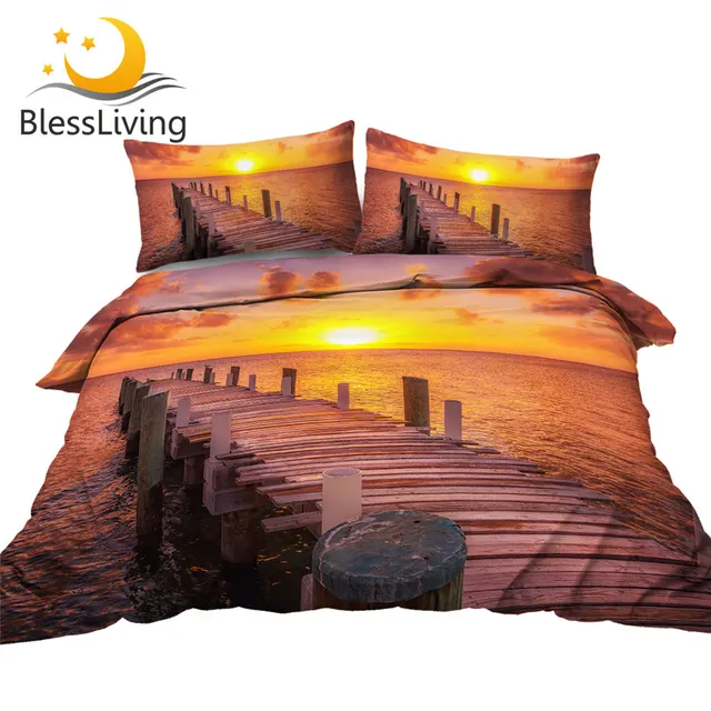BlessLiving Sunset Bedding Set King Boat Fishing Dock Duvet Cover 3D Printed Home Textiles Beautiful Scenery Bedspreads 3-Piece 1