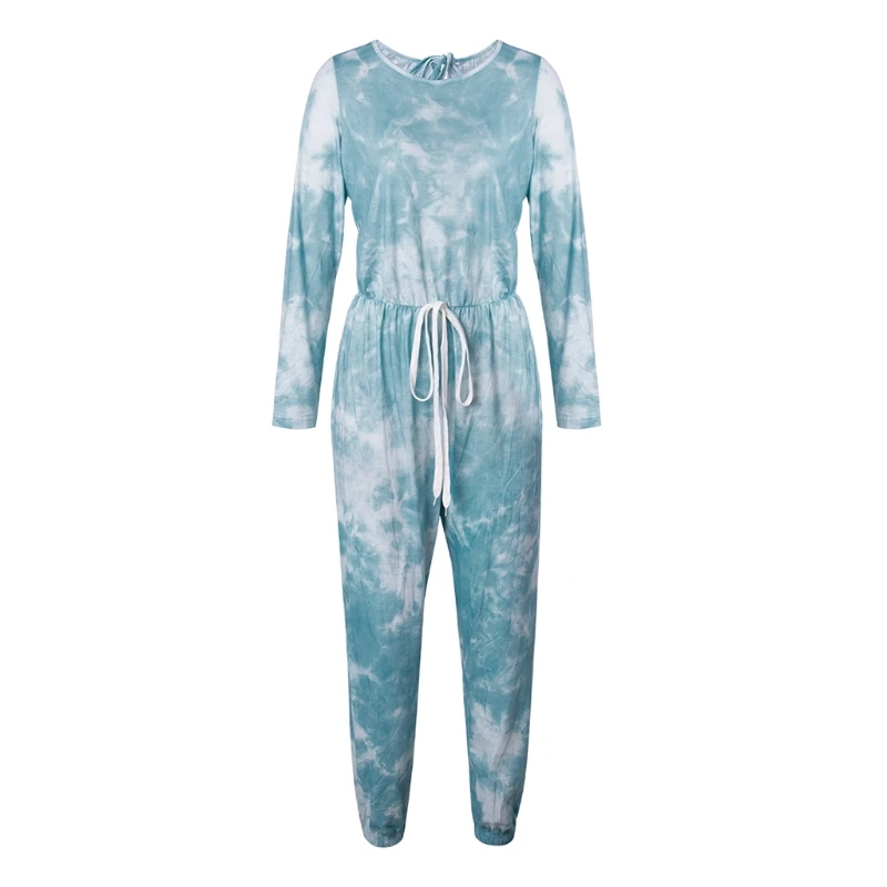 

Women Tie-dye Pajama Long Sleeves Jumpsuit Drawstring Rompers Jogger Pants Loose Casual Sleepwear Loungewear
