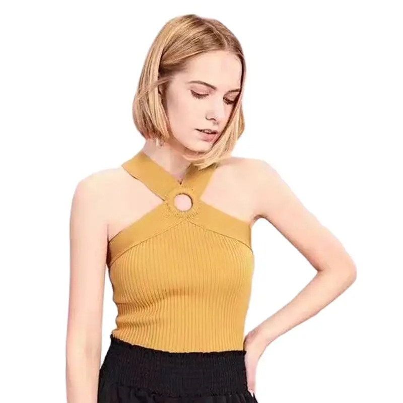 

HELIAR Tops Women Knitted Cross Halter Crop Tops Straps Cotton topsole Femme tops With Hole Women 2021 Spring Tank Tops