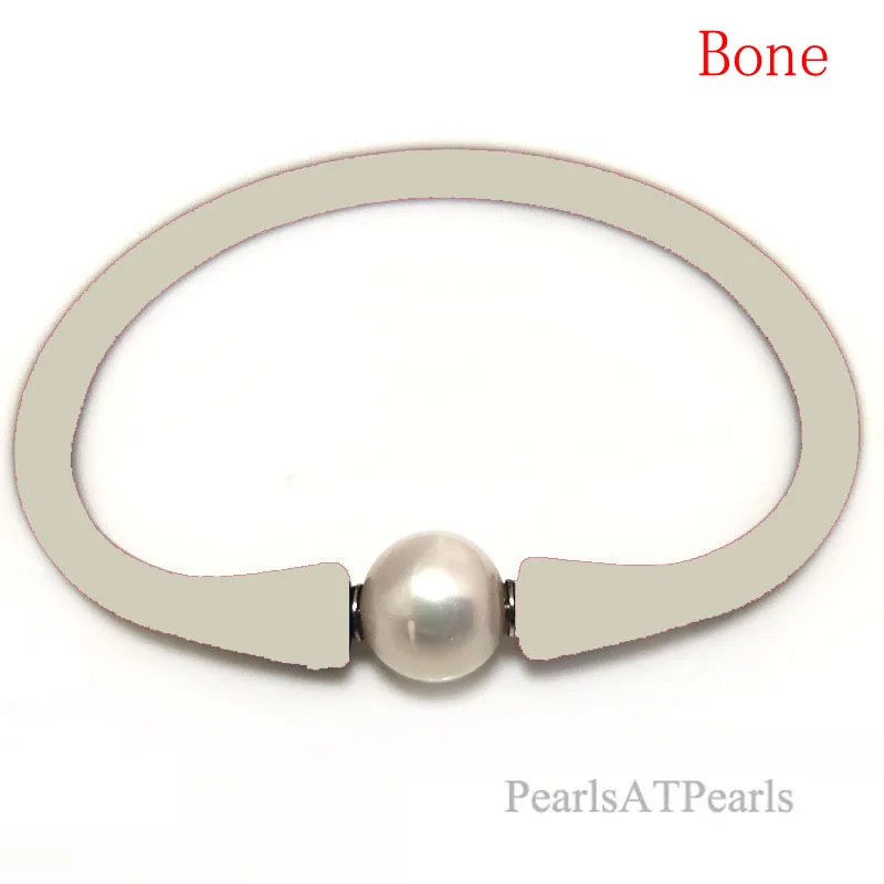 

7 inches 10-11mm One AA White Natural Round Pearl Bone Color Elastic Rubber Silicone Bracelet For Women