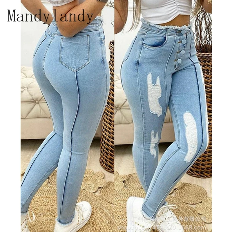 

Mandylandy Jeans Autumn Fashion Button Pocket Denim Pencil Pants Women's Casual Solid Color Ripped Slim Jeans