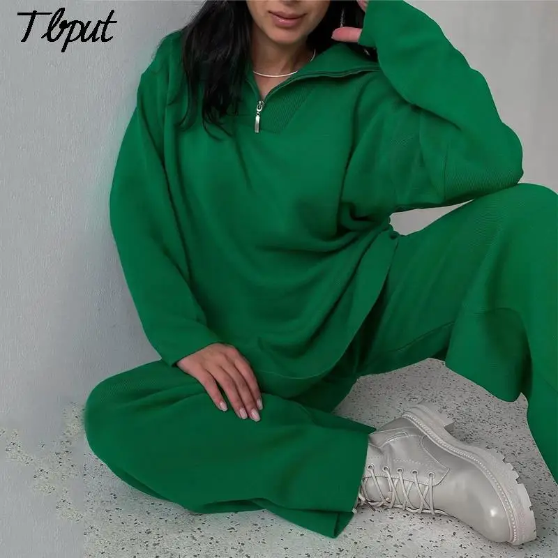 

Женский зеленый свитер на молнии, костюм из двух предметов, модный Женский Повседневный однотонный джемпер с воротником поло, вязаный брючн...