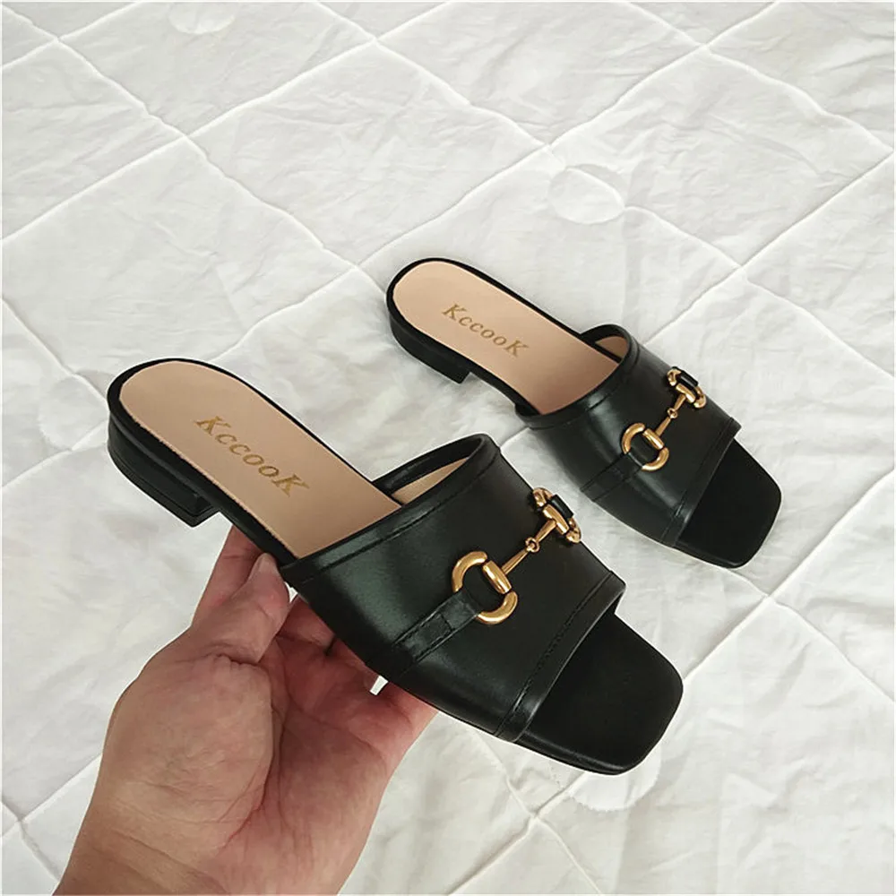 

KccooK 2020 Summer Women's Square Toe Leather Slipper Sandal with Metal Buckle and Low Heel