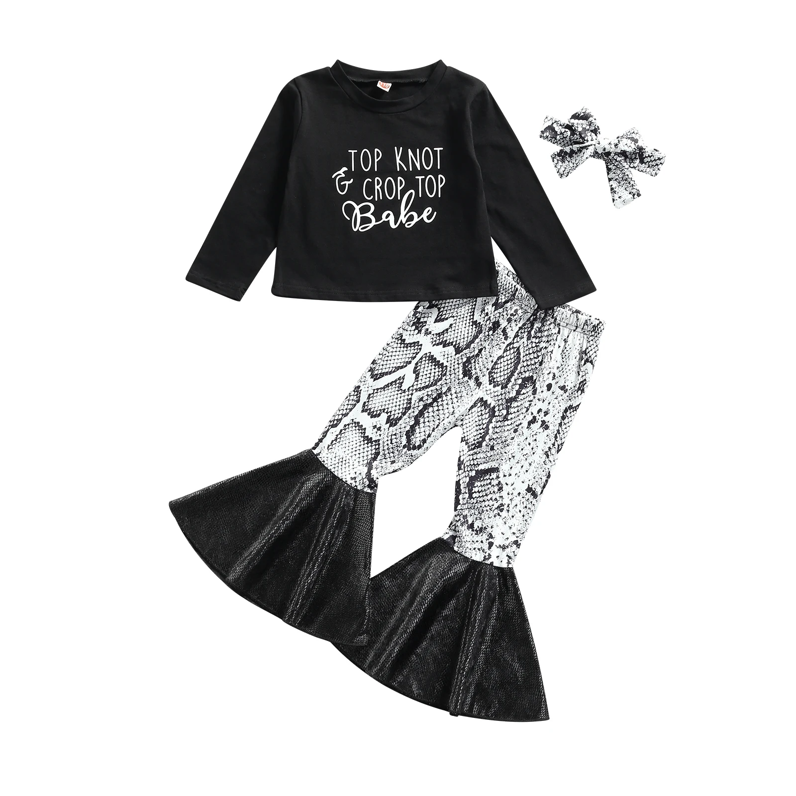 

2021 Autumn New Arrival Girls Fashion Clothes Set 2 Pieces Suit Letter Long Sleeve Pullover Tops+Snakeskin Flared Pants 1-6Y