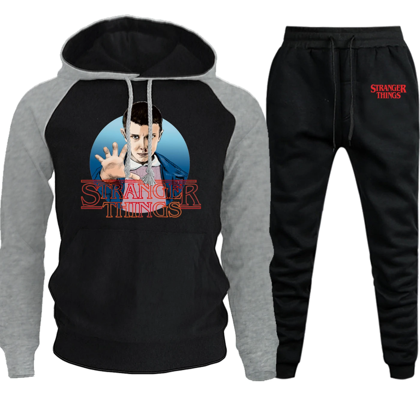 

Stranger Things Autumn Winter 2019 Streetwear Mens Raglan Hooded Fashion Pullover Suit Hip Hop Fleece Hoodie+Pants 2 Piece Set