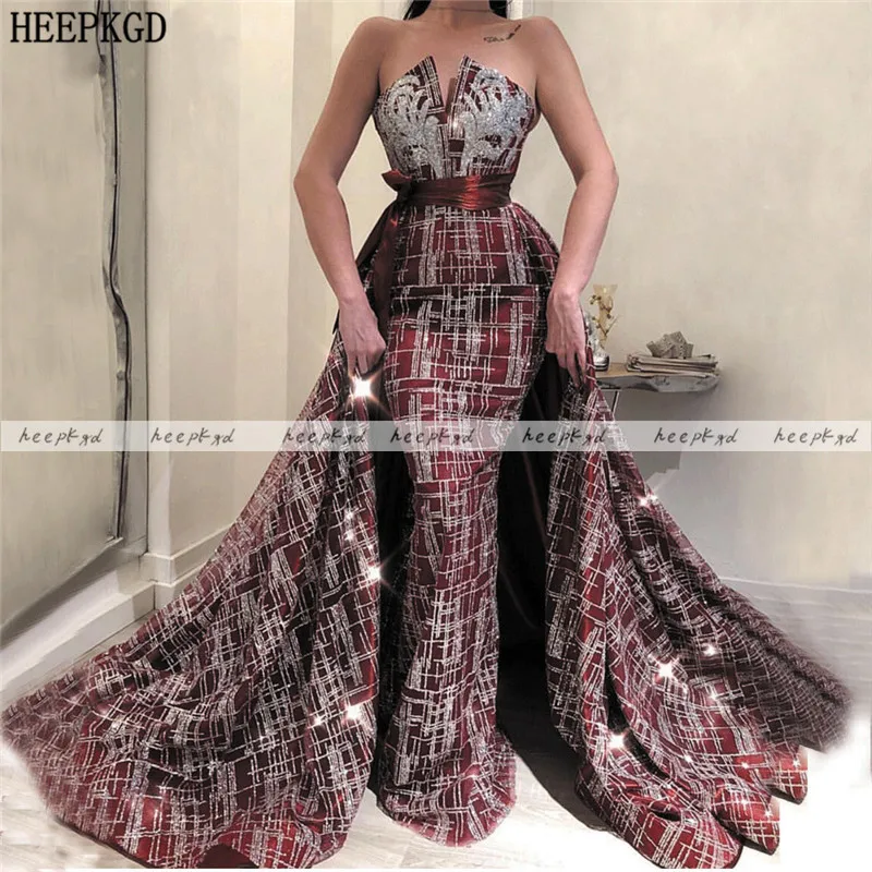 

New Glitter Mermaid Evening Dress Detachable Train Strapless Sexy Women Occasion Dresses Plus Size Prom Party Gowns Robe Soiree