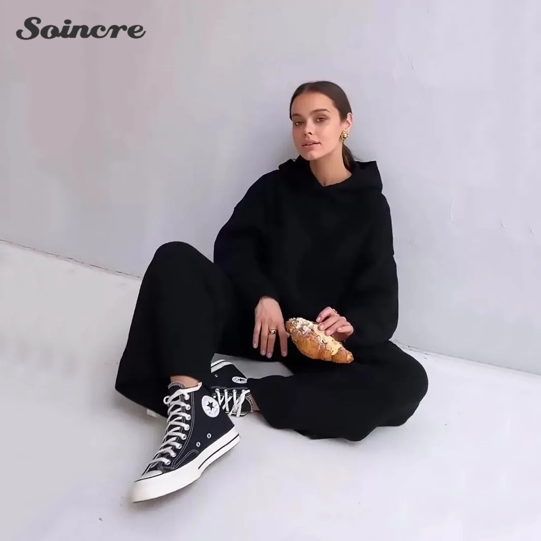 

Autumn New Knitted Casual Tracksuits 2021 Vintage Lantern Sleeve Hooded Sweatshirts Straight Pants Trousers 2 Piece Set Women