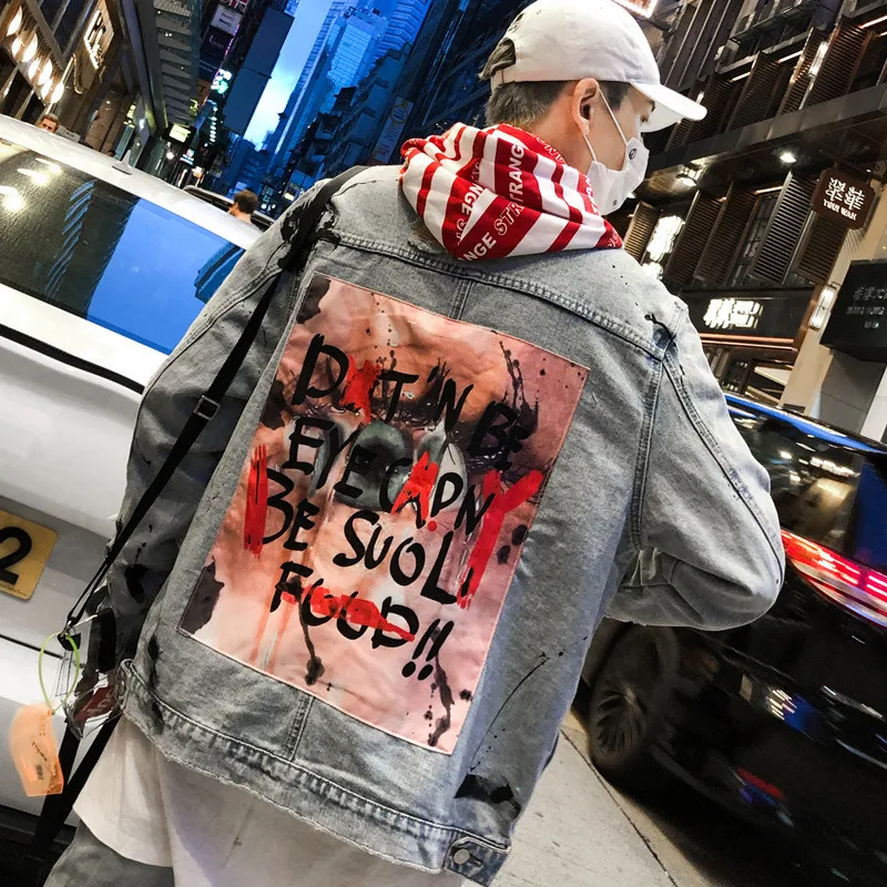 

Mens Graffiti Denim s Punk Rock Ripped Distressed Streetwear Jeans Vintage Hip Hop Motorcycle Casual Jacket Men
