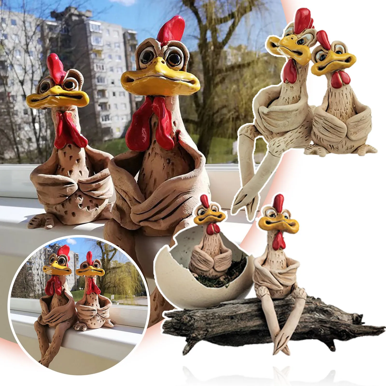 Симпатичная керамическая фигурка петуха и курицы подарок ручной работы сидящая