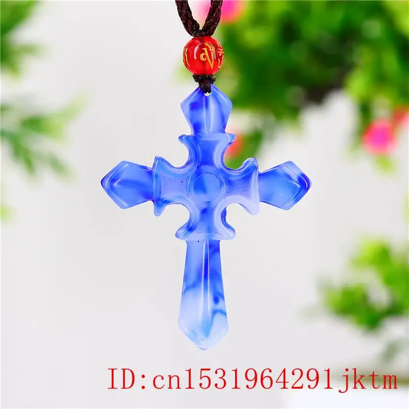 

Jade Cross Pendant Necklace Natural Charm Amulet Fashion Carved Jadeite Women Chinese Jewelry Blue white for Hand Men Gifts