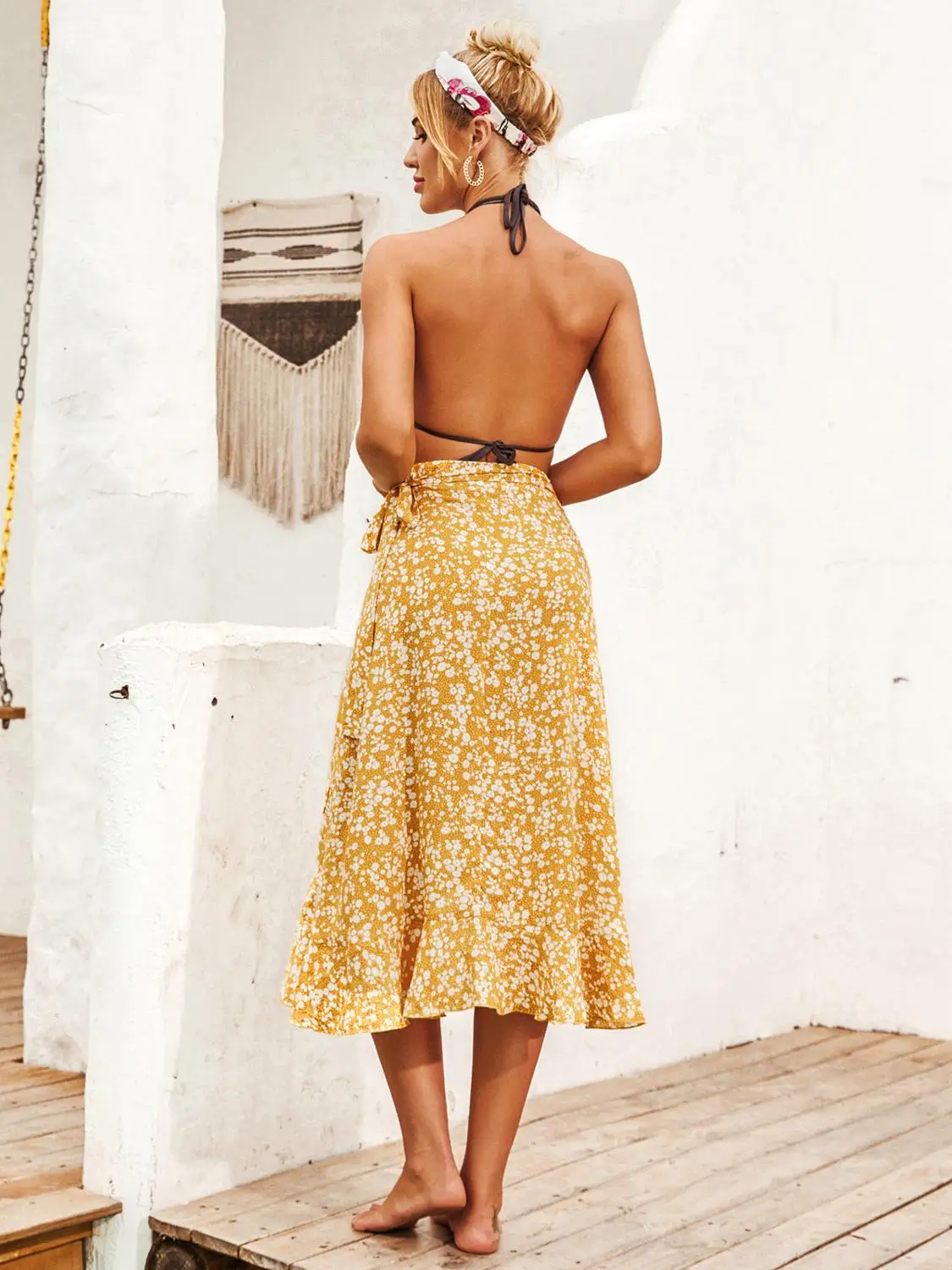 

2020 Summer White Dots Floral Print Pleated Midi Skirt Women Elastic High Waist Side Yellow Wrap Skirt Elegant Female Bottom XL