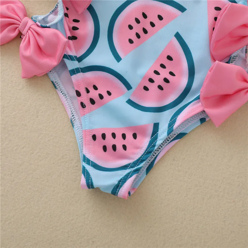 

0-4T Newborn Baby One-piece Swimsuit, Baby Girl Fashion Watermelon Print U-shaped Neck Swimwear with Cute Bowknot