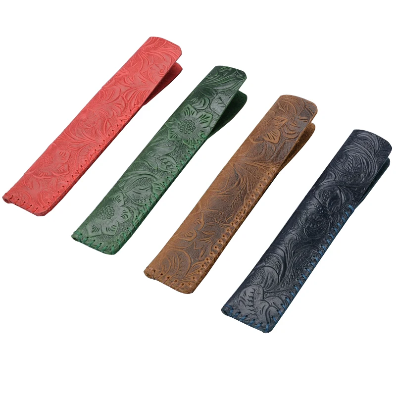 

Portable Pen Protection Case Nature Genuine Leather Pencilcase Carving Flowers Surface Cover Holder Pouch For Writing Materials