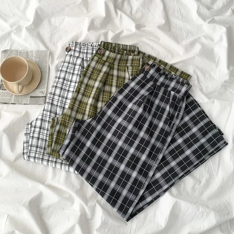 

Plaid pants female loose Korean student Japanese wide-leg pants female Xia Xian thin all-match nine-point straight pants drape
