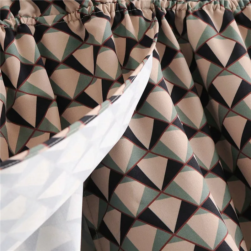 

Fall Geometric Wrap V Neck Dress for Women Casual Print Pleated Long Puff Sleeve A Line Elastic Waist Ladies Mini Dresses 0576