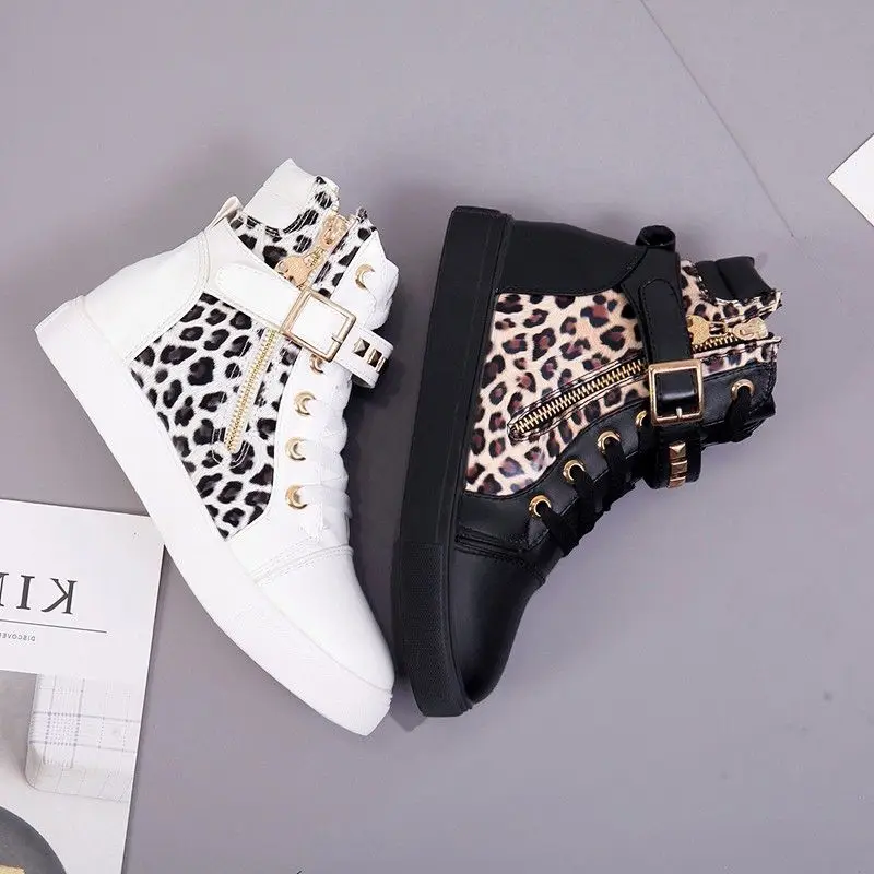 

2022 Spring Women Shoes Sneakers Canvas Vulcanized Shoes Ladies High Top Flat Skateboard Zipper Black White Leopard Rivet Tenis