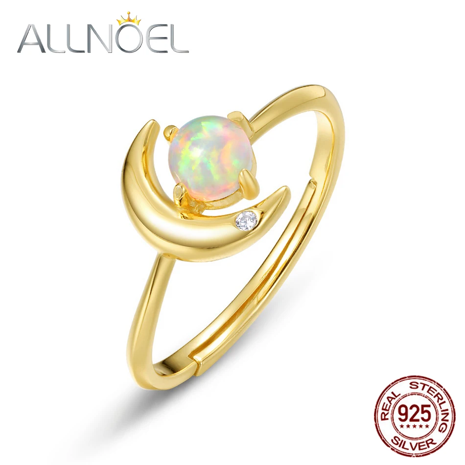 

ALLNOEL Solid 925 Sterling Sliver Rings For Women Synthetic Opal Zircon Moon Adjustable Real Gold Plated Ring Wedding Jewelry