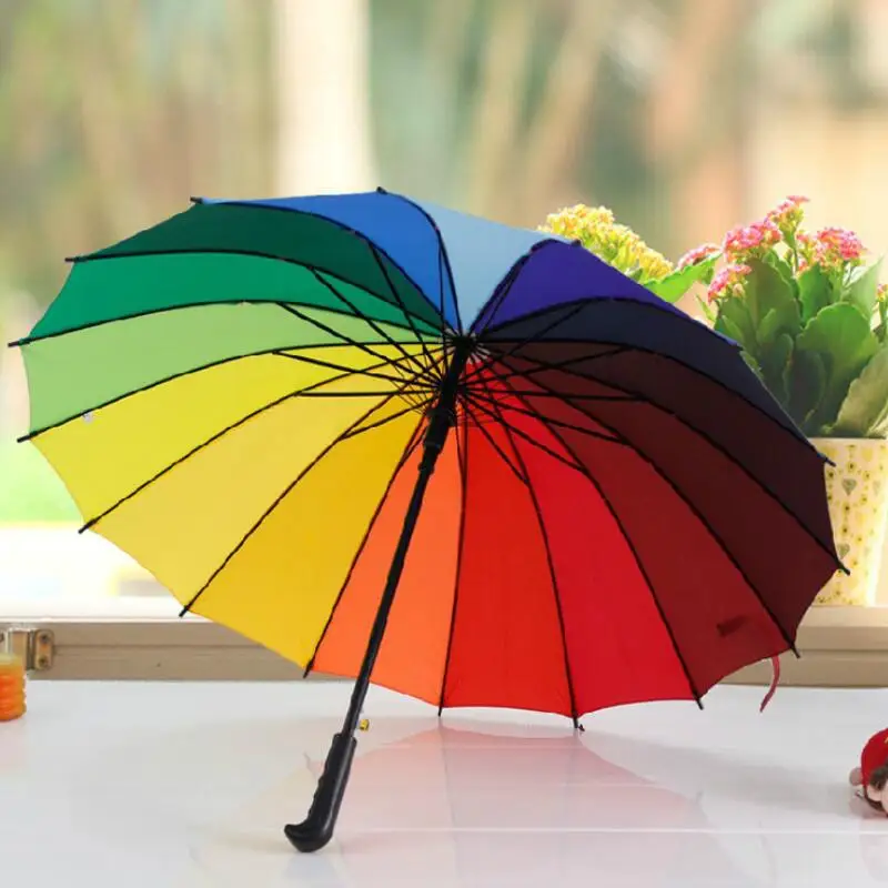 Offerte Creativo Manico Lungo Rettilineo Antivento Ombrello Arcobaleno Delle Donne Degli Uomini Di Sole E Pioggia Ombrello LX8263
