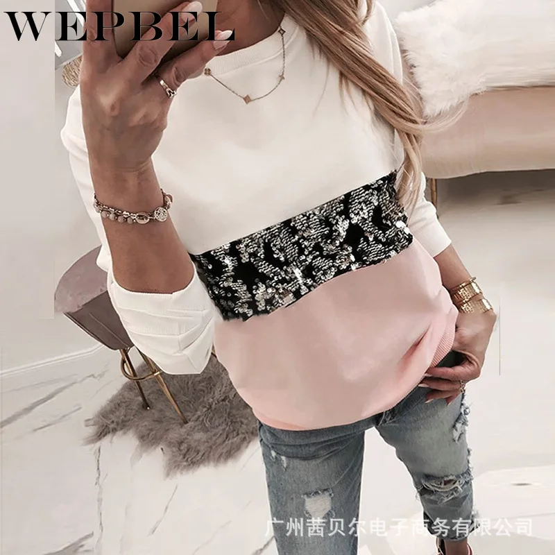 

WEPBEL Spring Autumn Womens Elegant Patchwork Hoodie Sweatshirt 2021 Ladies Loose Long Sleeve O Neck Pullover Jumper Tops