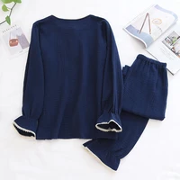 spring and autumn ladies 100cotton pajamas two piece thin long sleeved large size solid color home service suit summer