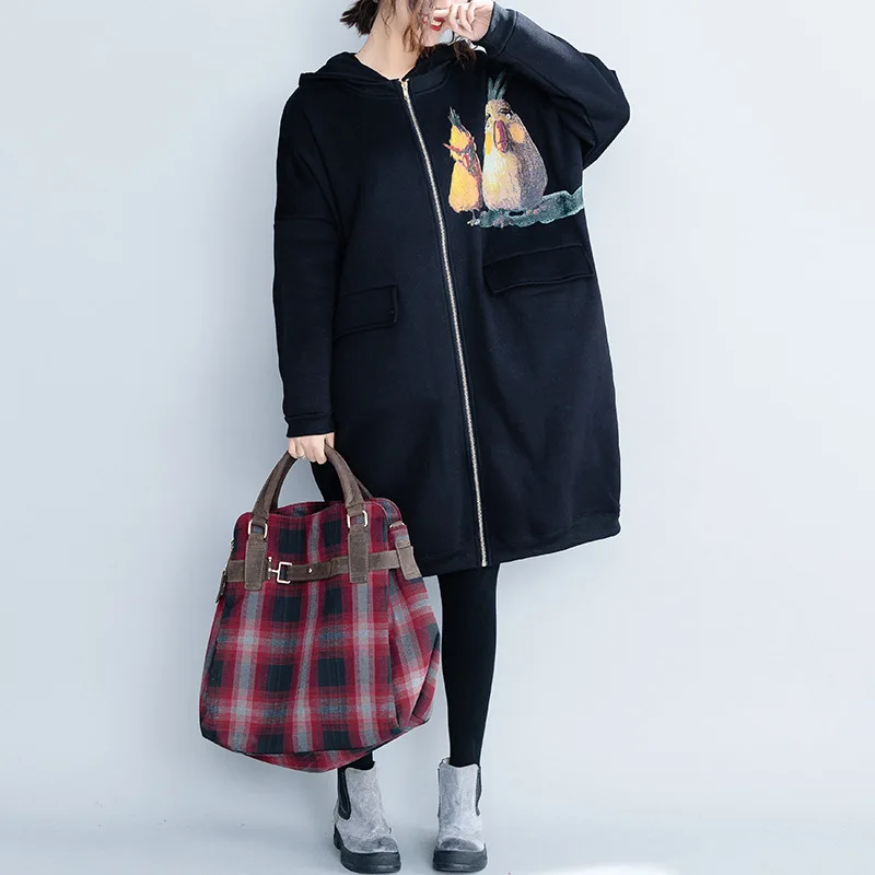 Johnature Korean Fashion Women Long Print Coat Autumn Winter New Casual Loose O-neck Zipper Wide-waisted Cartoon Outerwear