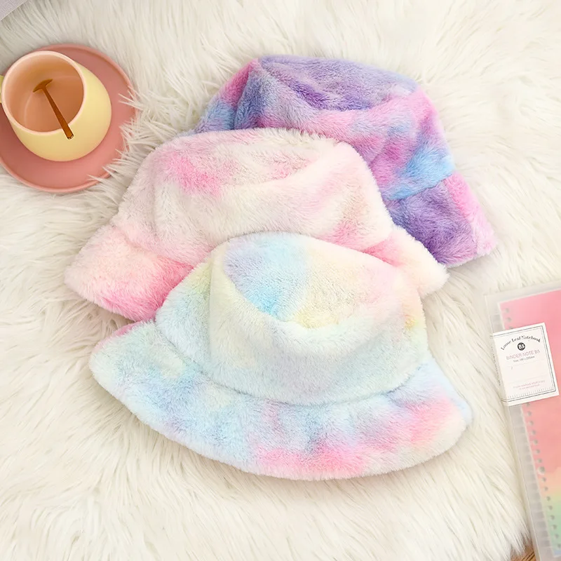 

New Winter Hats for Women Tie-Dyeing Winter Bucket Hat Plush Warm Women's Hat Fashion Furry Outdoor Fisherman's Hat