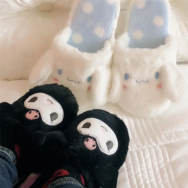 Zapatillas de felpa con dibujos animados para mujer, zapatos planos de felpa con dibujos animados Kuromied cinnamoroled, c&oacute;modos y c&aacute;lidos, informales, para el hogar-1