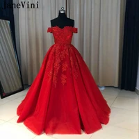 janevini vestido rojo red long prom dresses 2020 fluffy tulle luxury beaded lace appliques off shoulder evening dress party gown