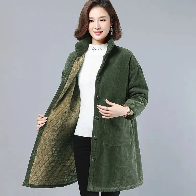 

New Winter Coat Thicke Plus Velvet Warm Corduroy Jacket Women's Casual Plus Size Long Cotton Jackets Windproof Parker Overcoat