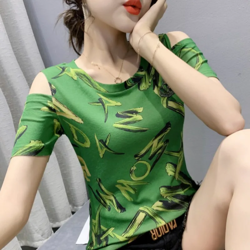 

#6291 зеленая, синяя, хаки футболка с надписью, Женская хлопковая Повседневная футболка с открытыми плечами, облегающая футболка, модная летня...