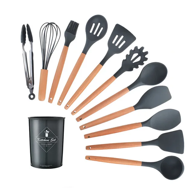Black 12pcs 9 или 12 шт розовый набор инструментов для приготовления пищи Премиум силиконовый набор кухонной посуды с ящиком для хранения Тернер щипцы лопатка суповая ложка - Цвет: Black 12pcs