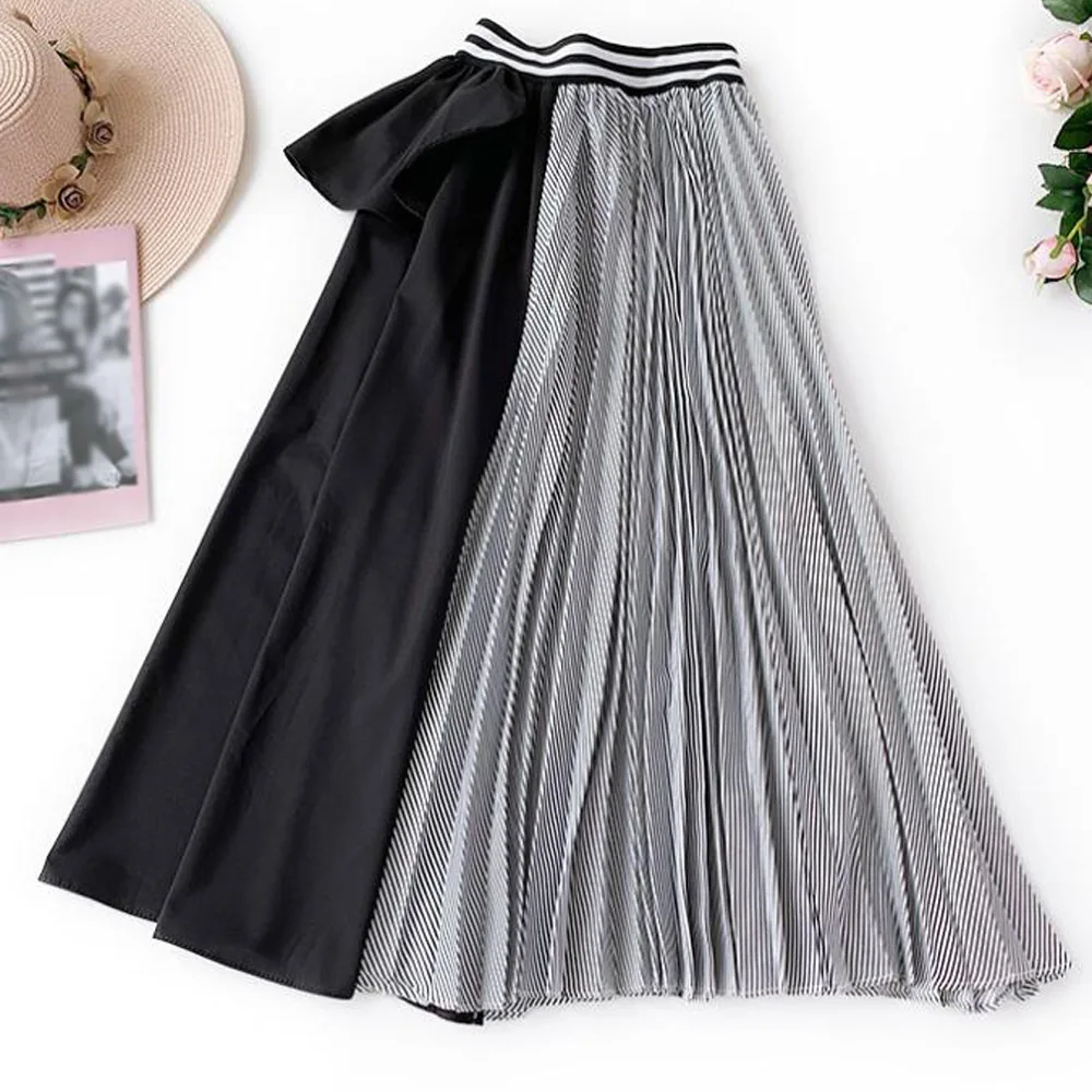 

Women Fashion Striped Print Pleated Asymmetrical Skirt Faldas Mujer Ladies Elastic Waist Vestidos Chic Long Ruffles Skirts
