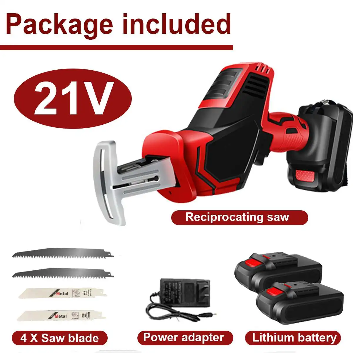 

Drillpro 21V Cordless Reciprocating Saw Adjustable Speed Rechargeable Electric Saw Chainsaw with 2 Batteries 4 Blades