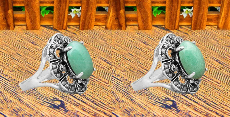 Oval Natural Stone Rings For Women Vintage Look Antique Silver Plated Rhinestone Plum Flower Gemstone Ring Fashion Jewelry TR693
