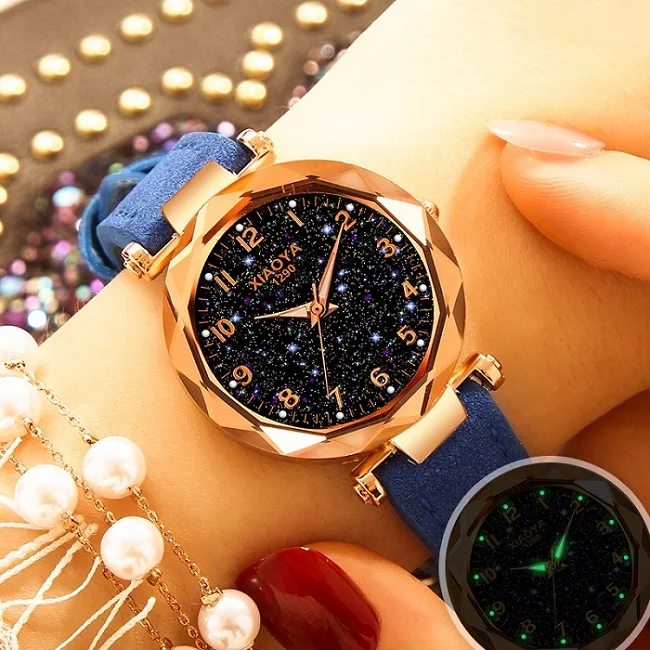 blue Изысканные роскошные женские часы модное платье женские часы Звездное небо циферблат кожаный ремешок кварцевые наручные часы женские часы женски - Цвет: blue