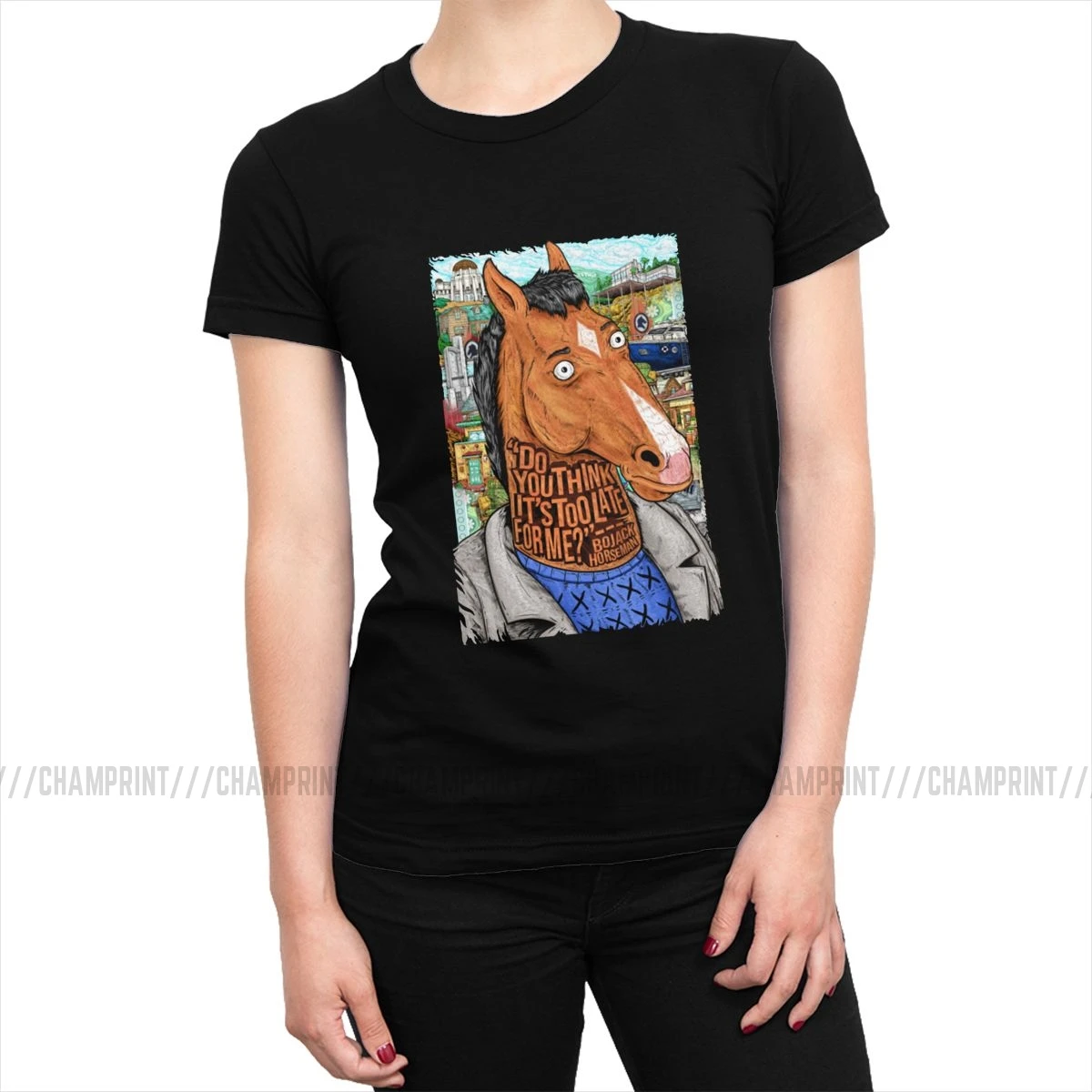 Женская футболка Bojack Horseman с забавным рисунком, эстетическая футболка с круглым вырезом, хлопковая уличная одежда размера плюс, женская одежда - Цвет: Черный