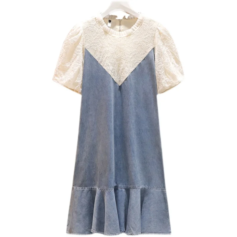 

4XL Plus Size Women Vintage Ruffle Dress Summer 2021 White Embroidery Lace Puff Sleeve Patchwork Blue Loose Denim Dresses