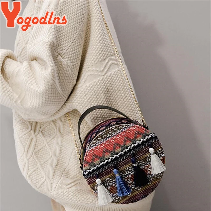 Сумка Yogodlns в национальном стиле с вышитыми кисточками металлическая женская