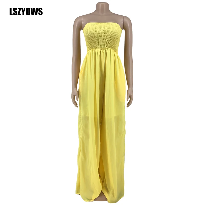 

2021 Summer Chiffon Women Jumpsuits Rompers Sleeveless Strapless High Waist Wide Leg Jumpsuit Casual Ladies Beach Party Overalls