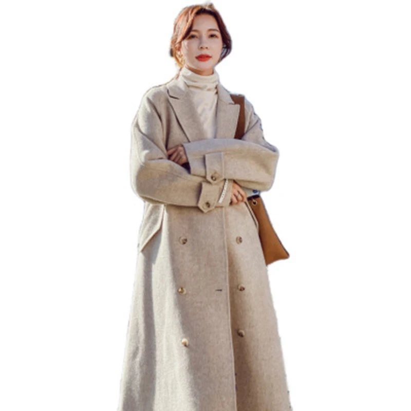 

Solid Color Loose Women's Winter Woolen Coat Lapel Double-breasted Hepburn Style Long-sleeved Commuter Wool Coat 2021 New T7