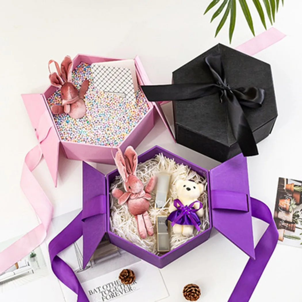 

Color Hexagon Day Gift Box Packaging Boxes Ribbon Lipstick Gift Packaging Boxes Wedding Valentine'S Day Christmas Party Case