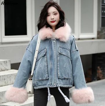 Джинсовые лоскутные шерстяные плюшевые милые пальто с отложным воротником и